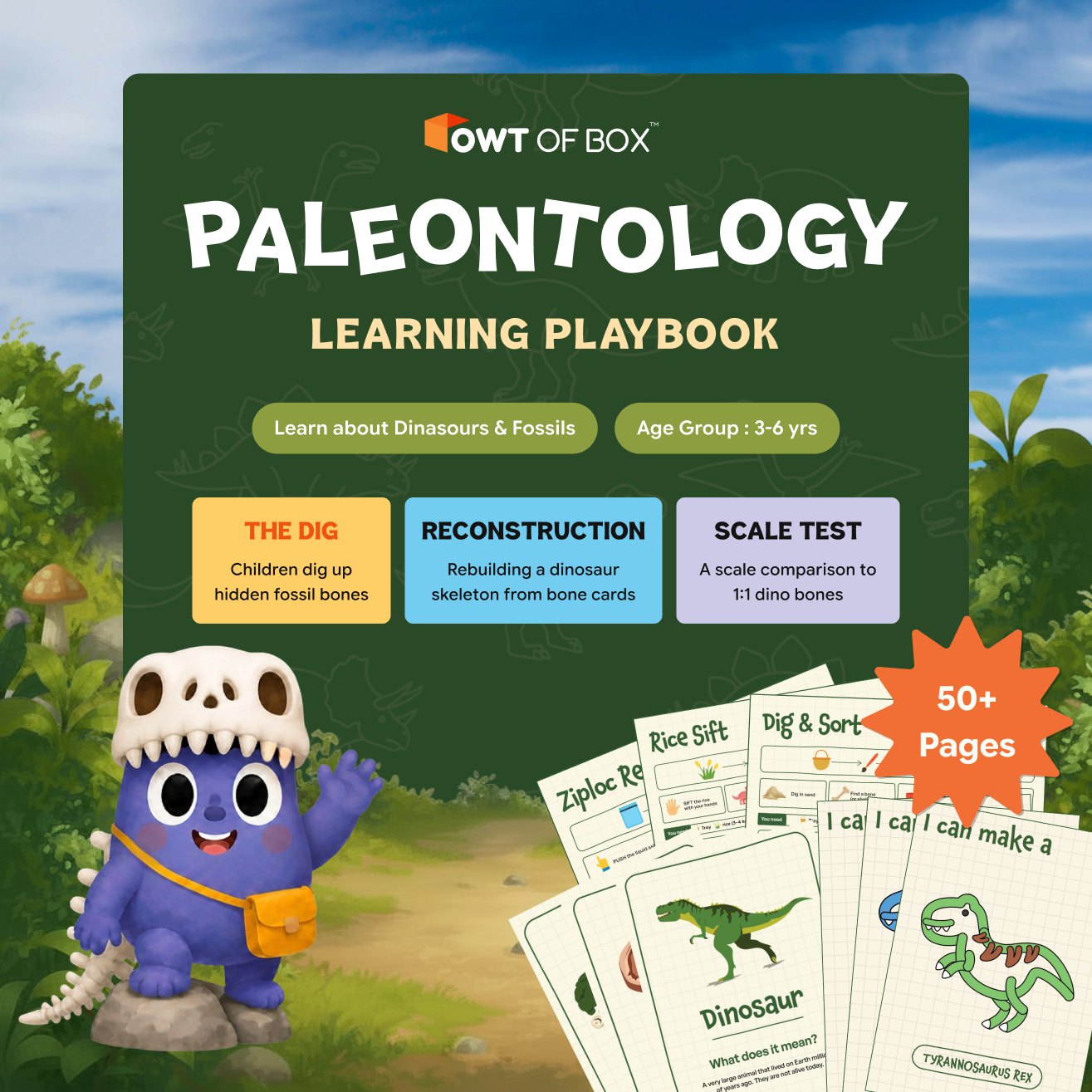 Owtofbox Paleontology Learning Playbook cover — a fossil-excavation curriculum for ages 3-6