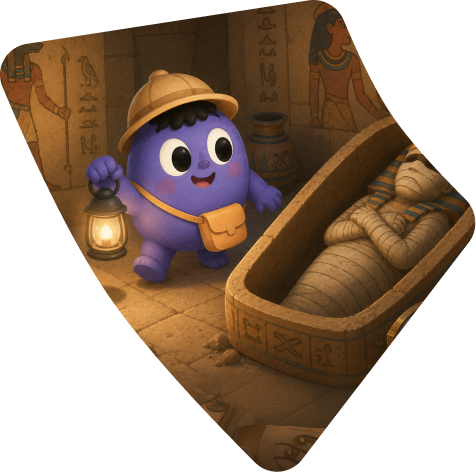 Owtofbox mascot exploring an ancient Egyptian tomb